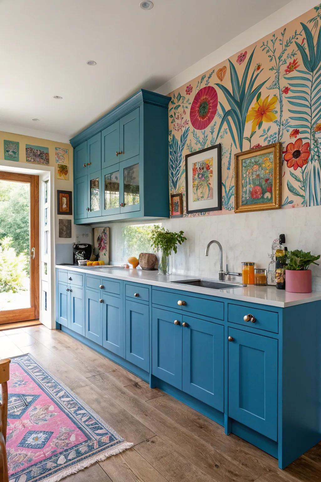 Artistic components in the cooking space personalize the expanse and complement azure cabinetry.