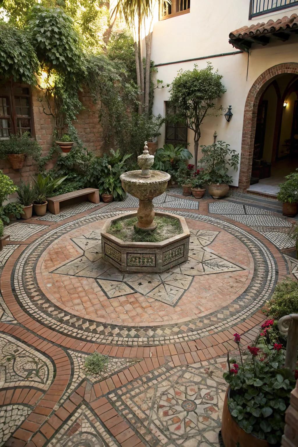 Mosaic brick arrangements create captivating and artistic outdoor centerpieces.