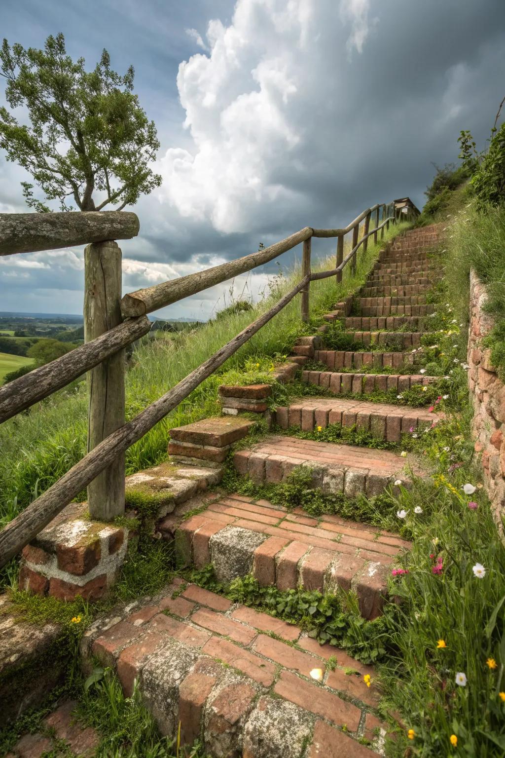 Earthy brick steps with lumber railings fashioning a cozy sensation.