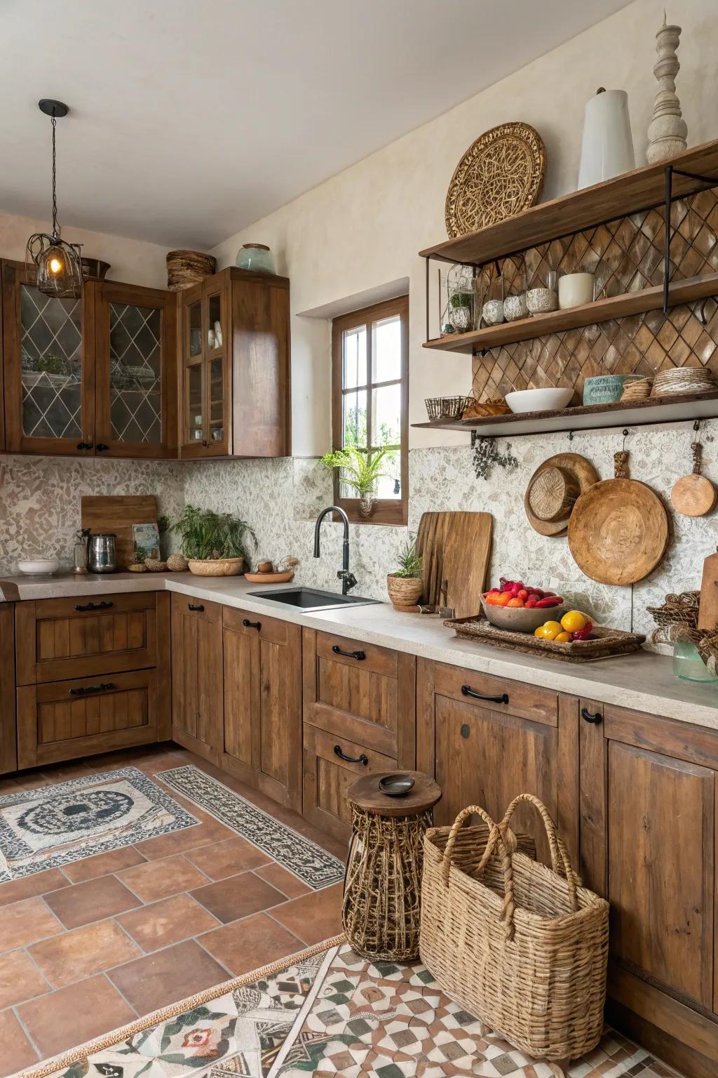 Intermingled chocolate tones import an eclectic, unified vibe to the kitchen.