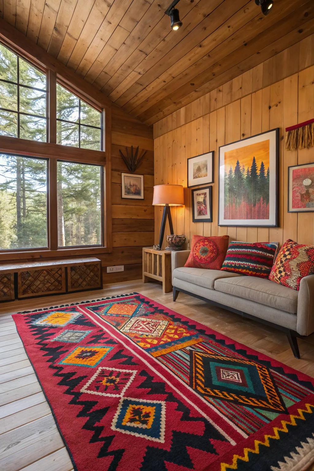Bold accents append vibrant appeal and personality to the cabin's decor.