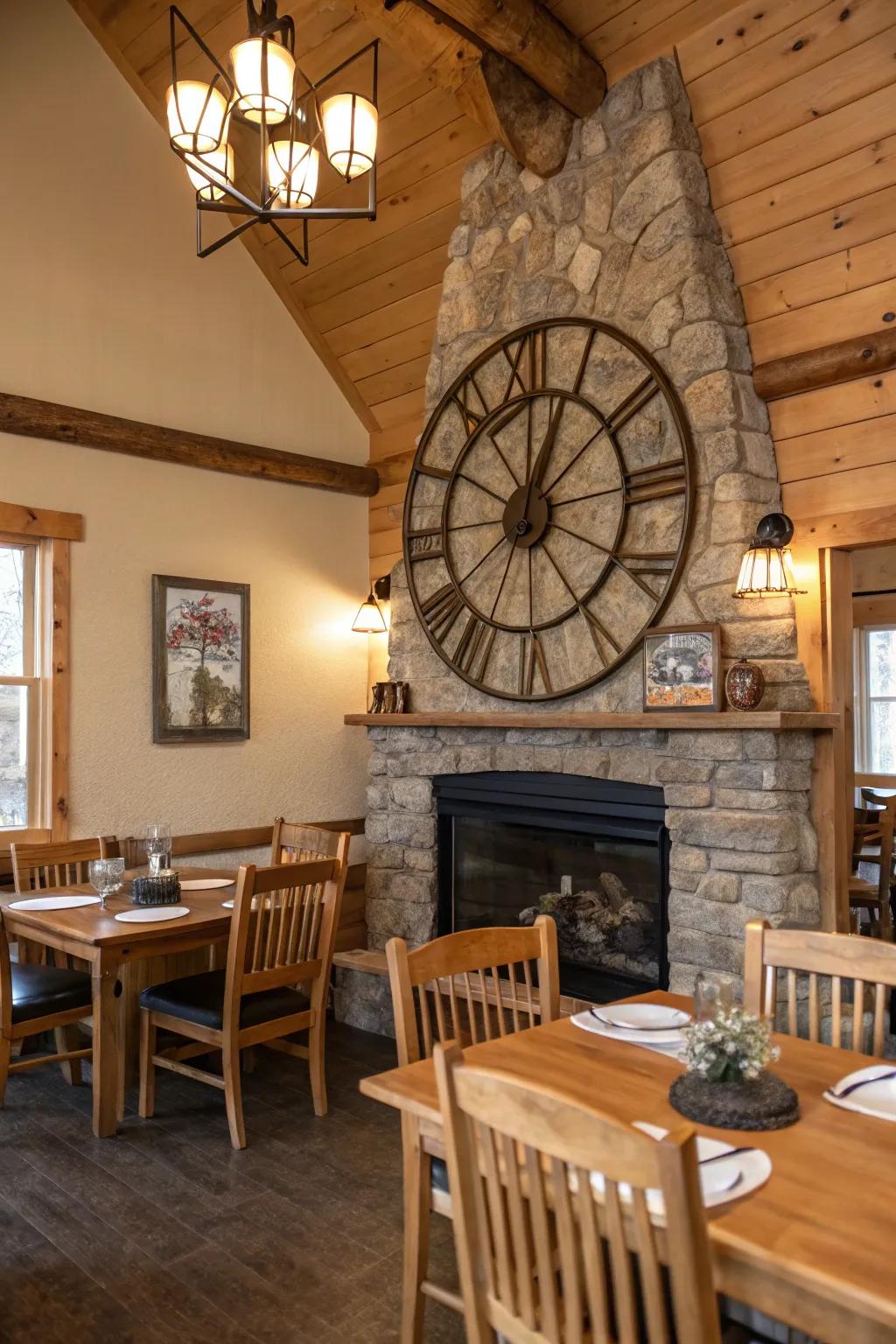 A statement clock enlivening the dining area with character and function.