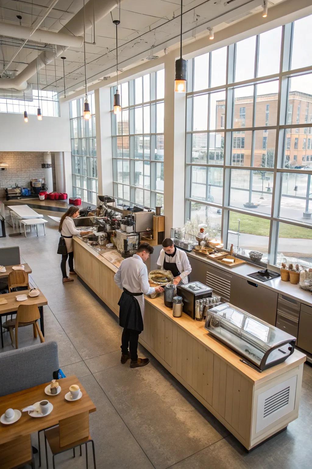 An unobstructed configuration inside a cafe kitchen constructing a roomy and welcoming ambiance.