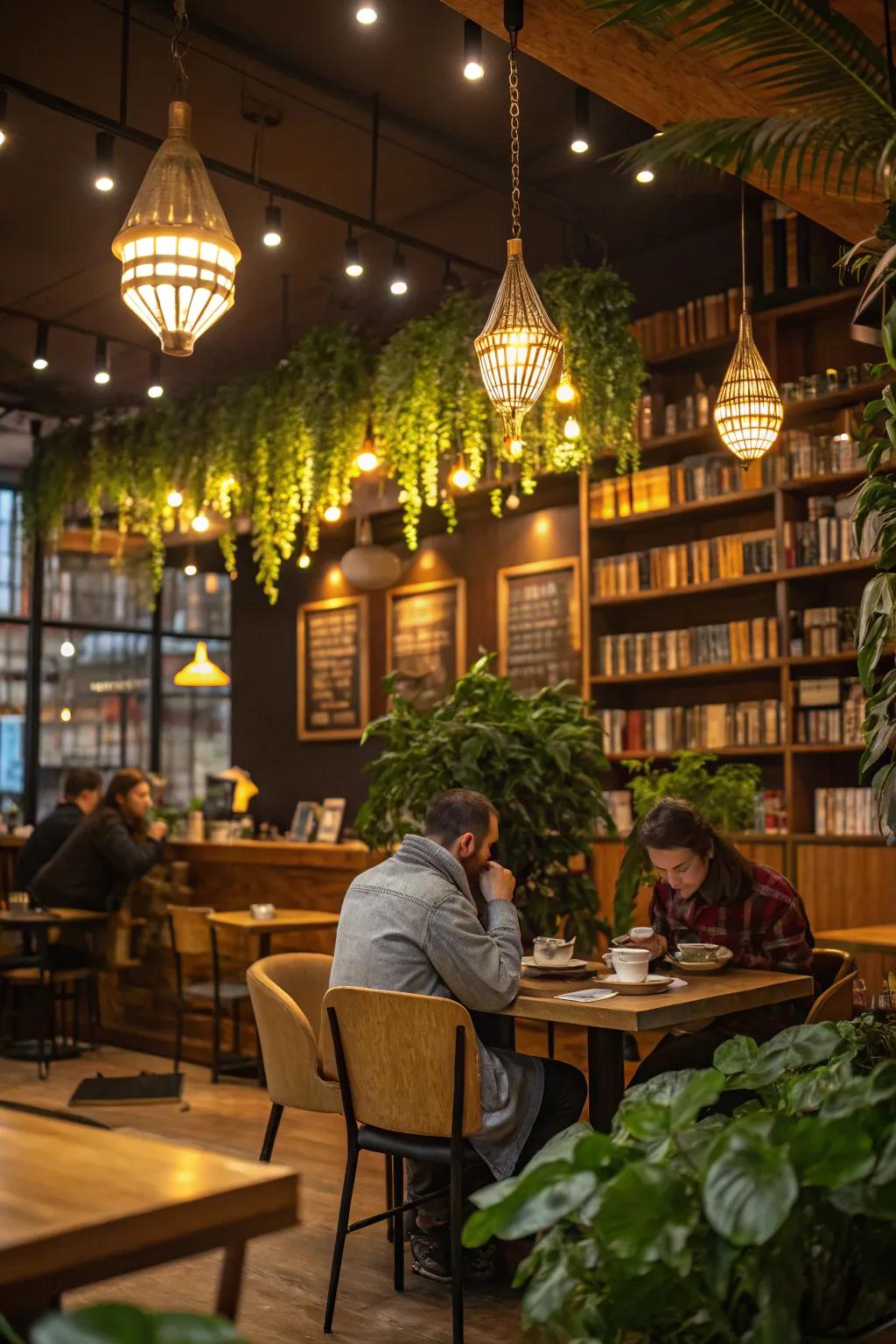 An appealing cafe interior highlighting sustainable LED lighting.