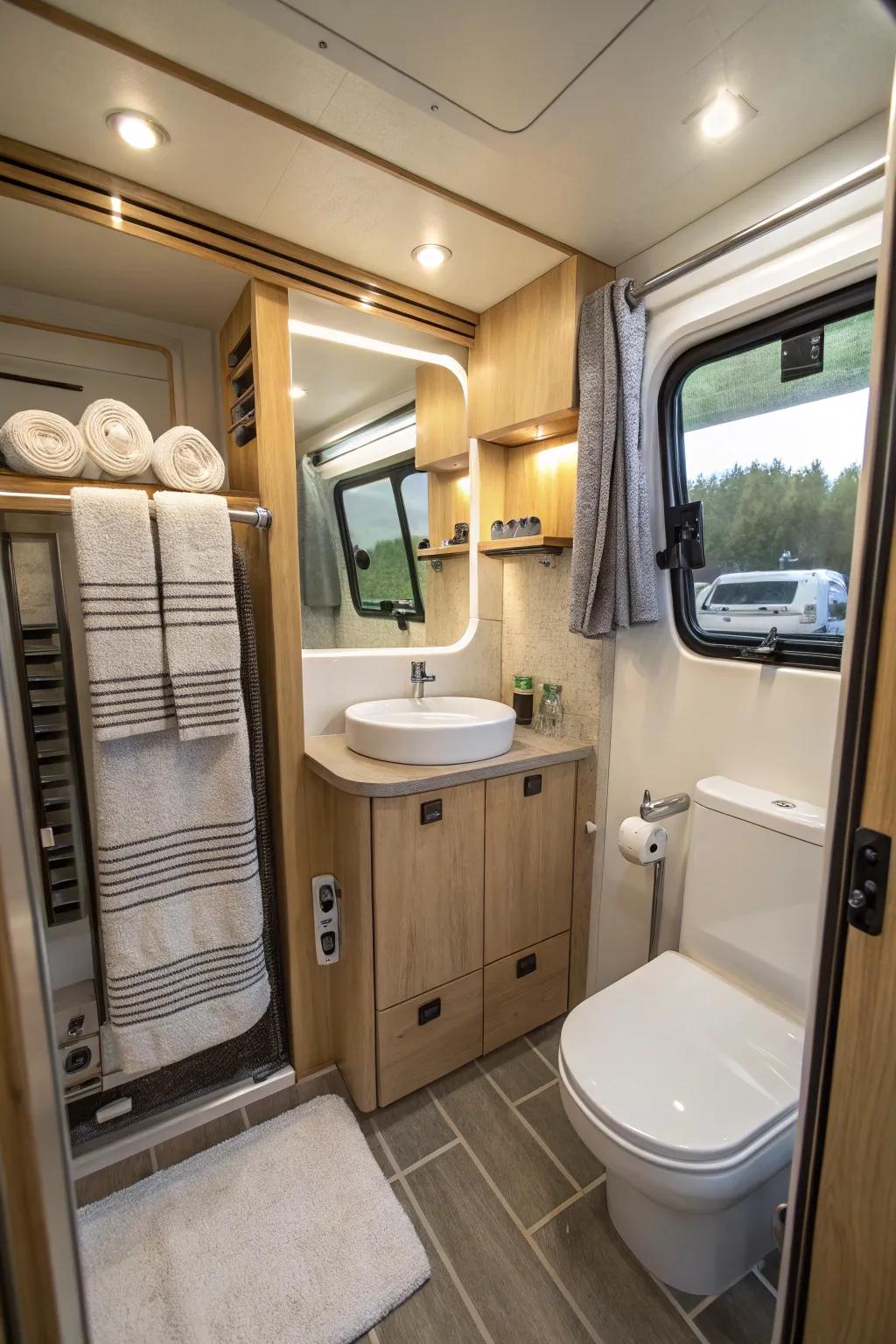 An integrated towel warmer in a mobile home washroom, offering luxury and comfort.