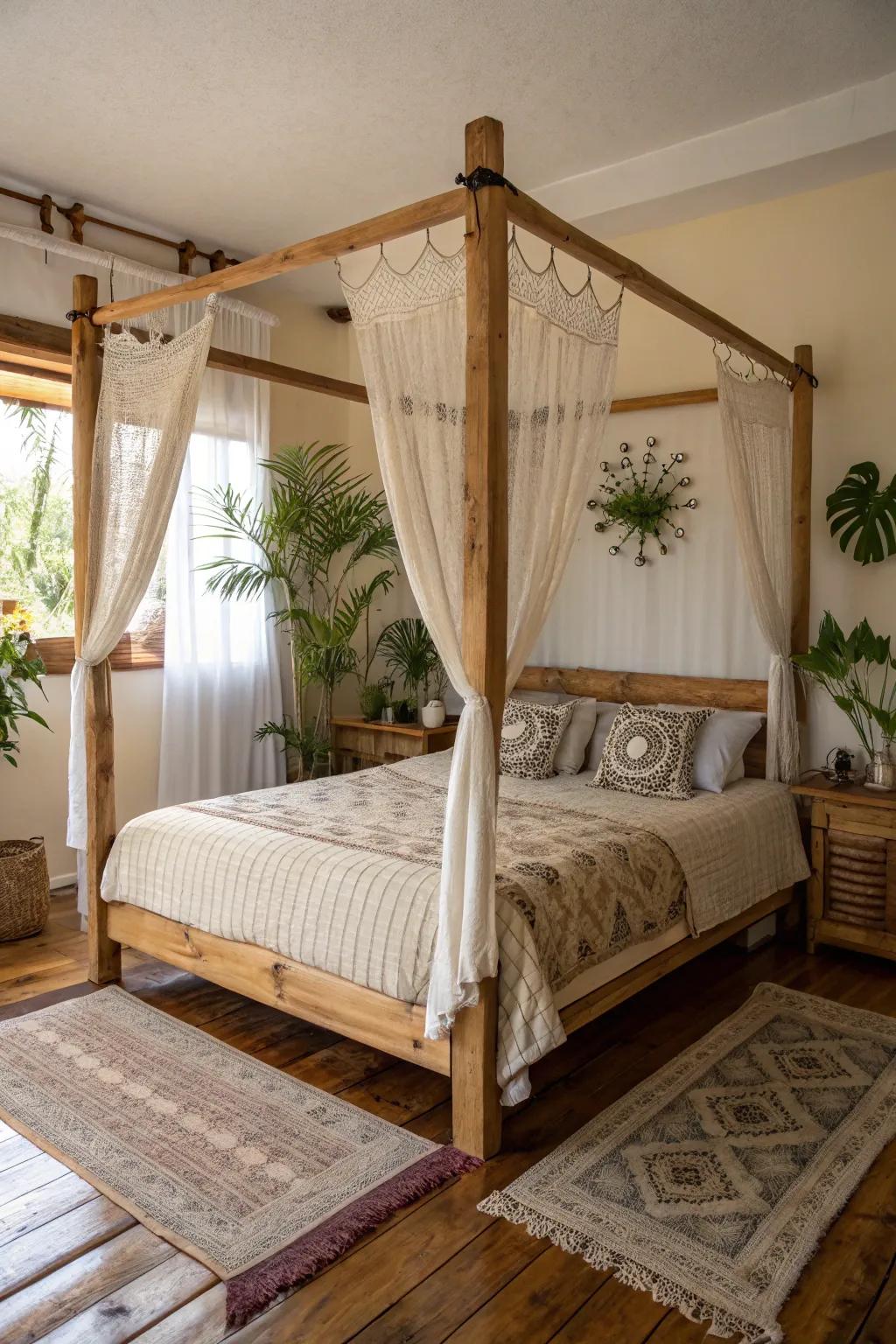 A rustic four-poster with natural materials adds warmth and texture.