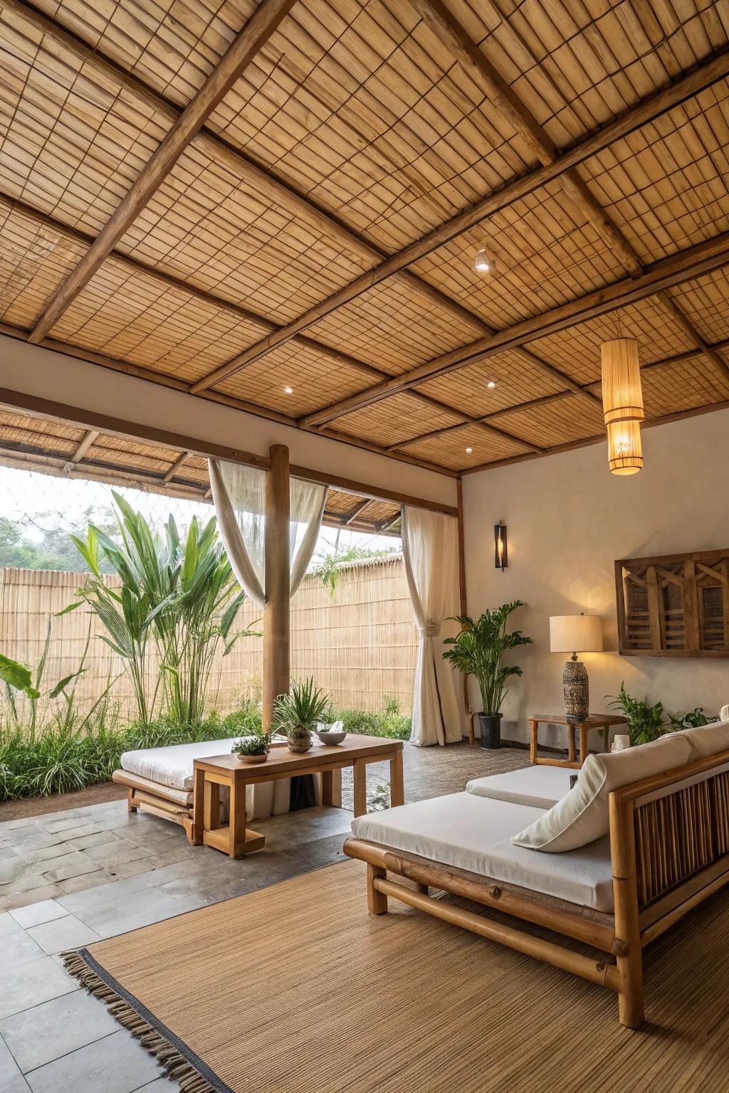 A tranquil room featuring bamboo ceiling squares for a natural touch.