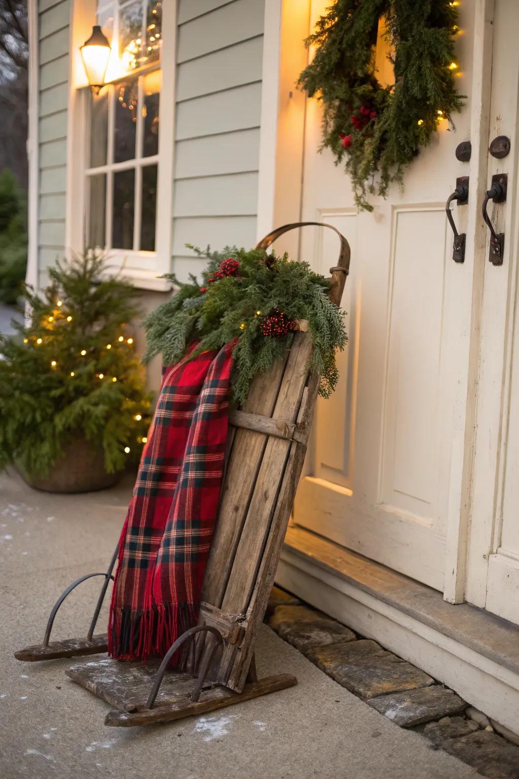 A vintage sled includes a classic beauty to this Christmas entrance.