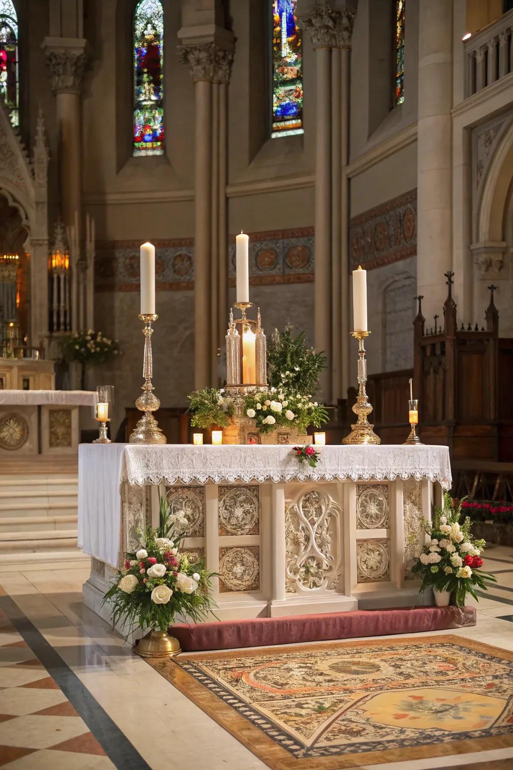 An altar featuring customizable embellishment elements, which permits adaptable configurations.