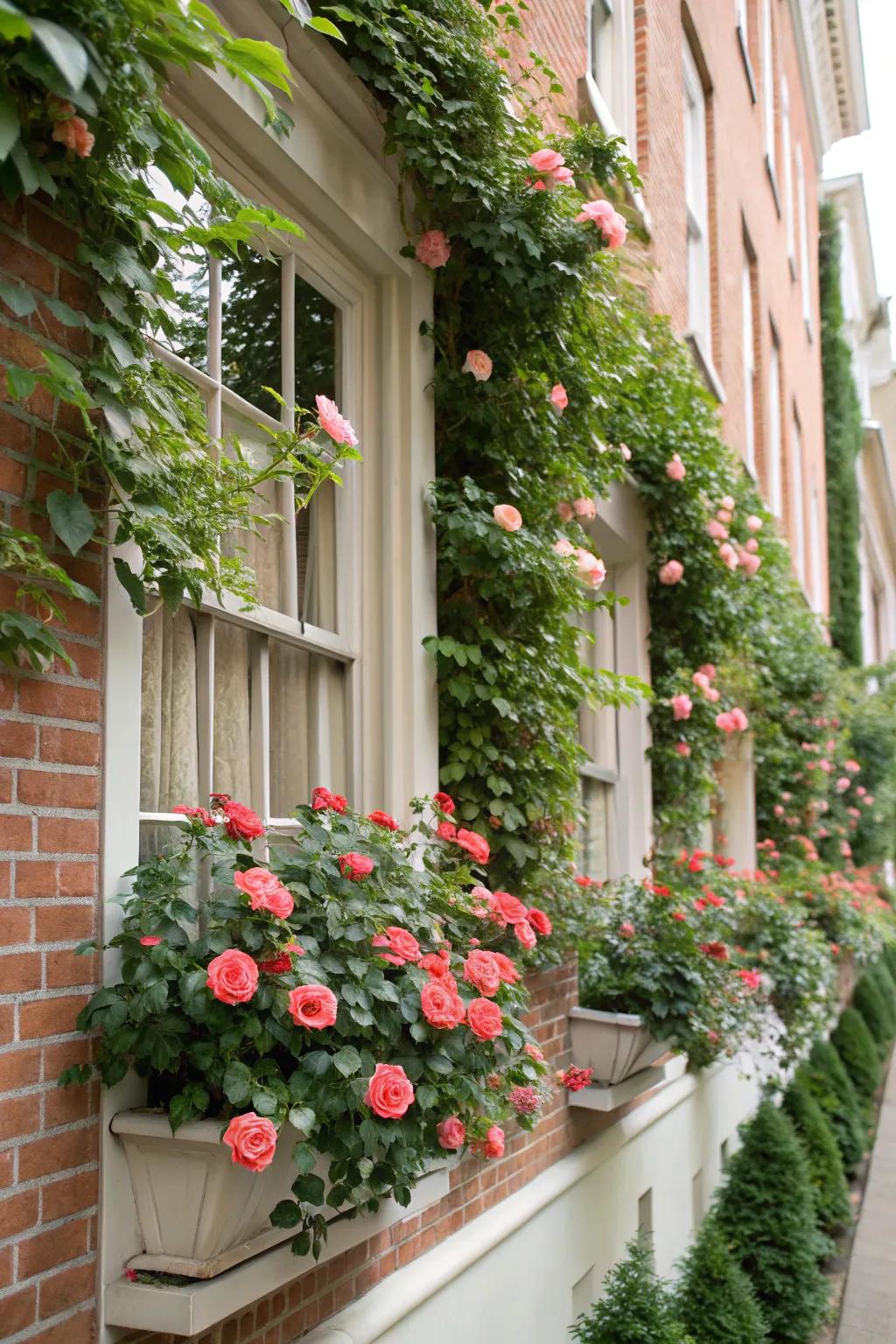 Give beauty to windows using roses in boxes.