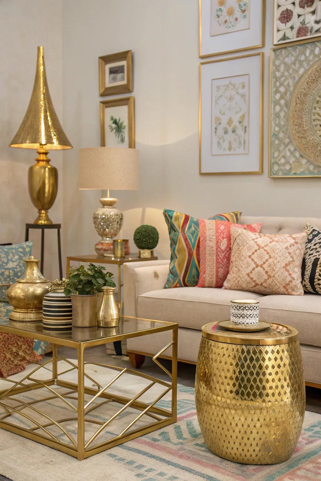 Metallic accents introduce a hint of sophistication and shimmer to this colorful living area.