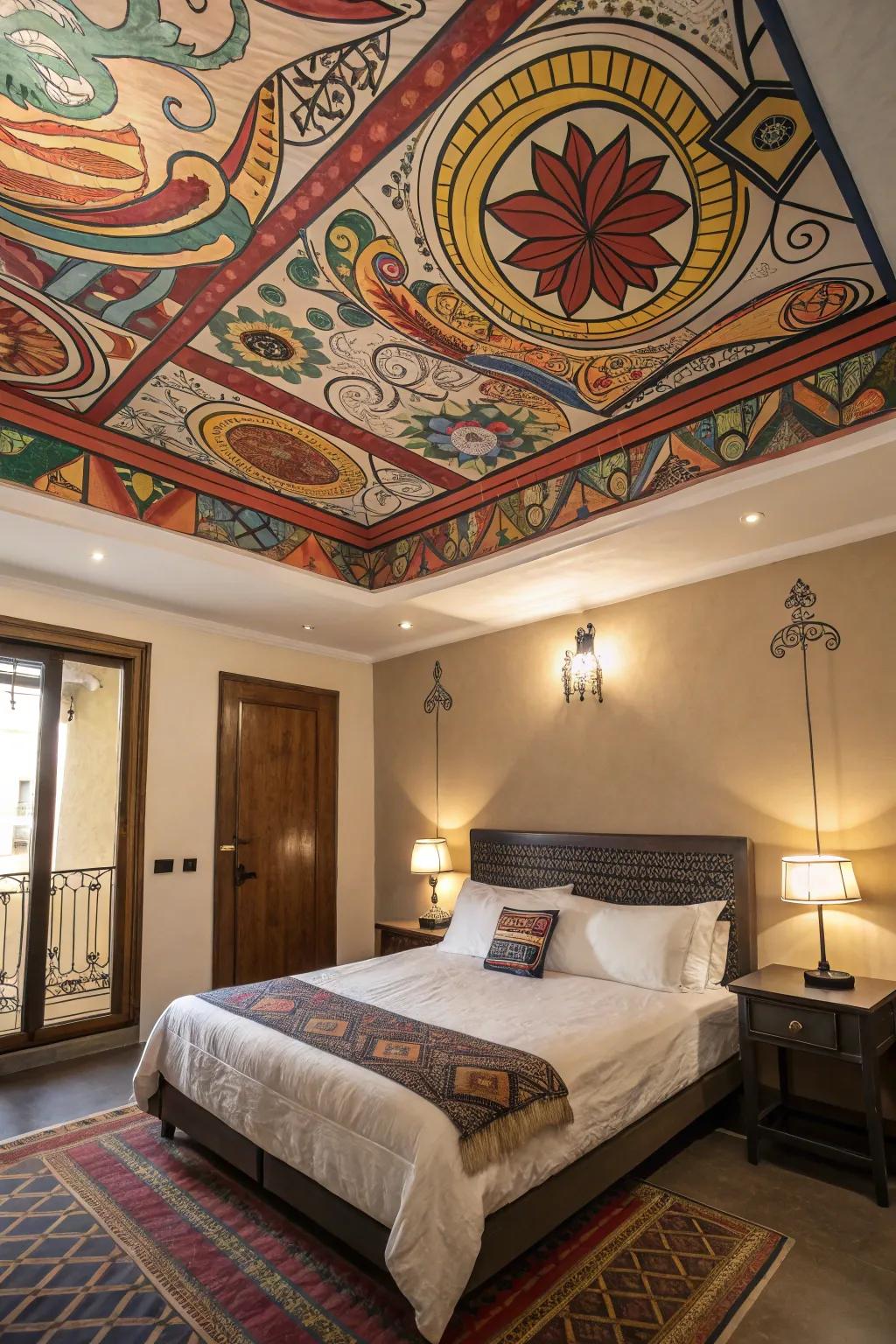 A vibrant overhead injects unexpected intrigue into this bedroom.