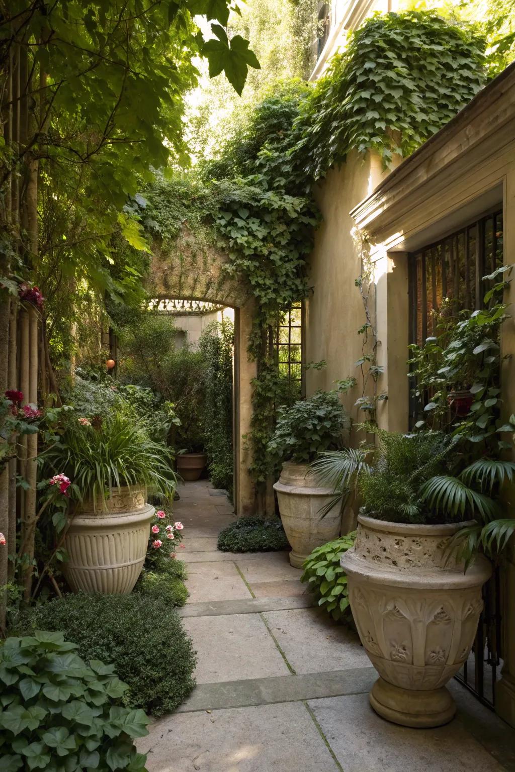 A secluded garden spot made using containers.