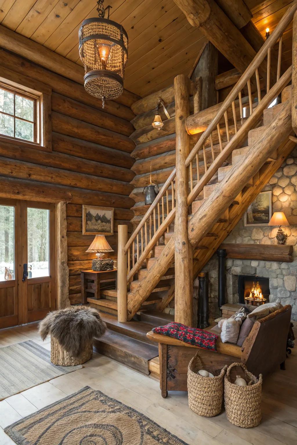 A log staircase adds a bold, country touch to the cabin's design.
