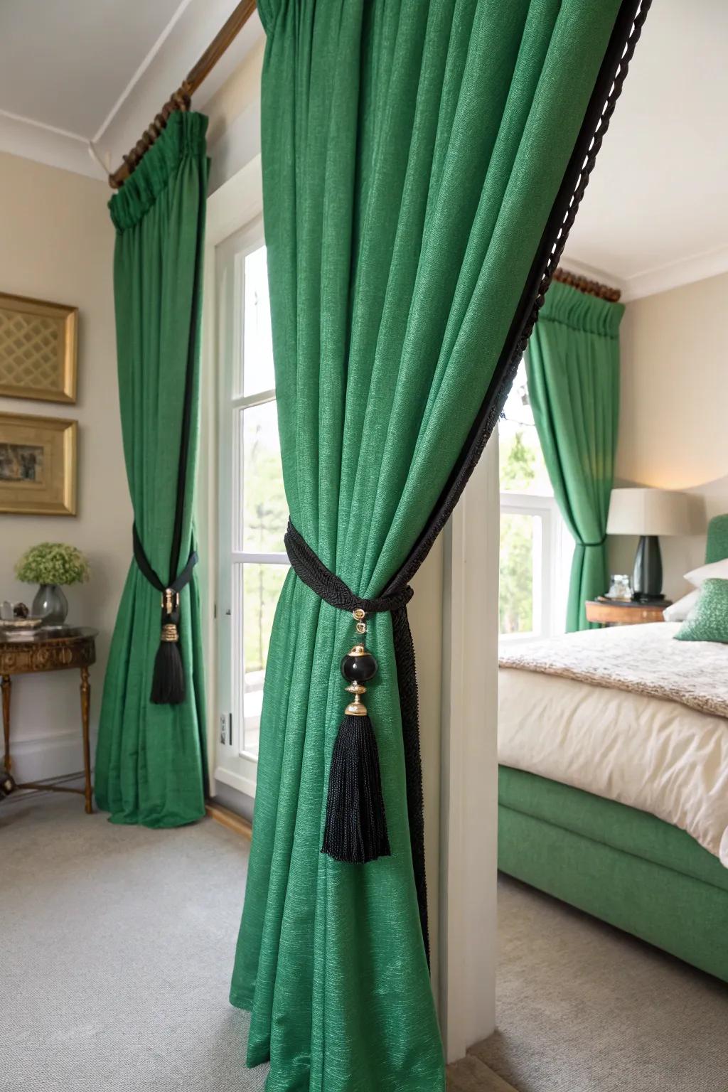 Green drapes with charcoal tiebacks create a dramatic aesthetic.