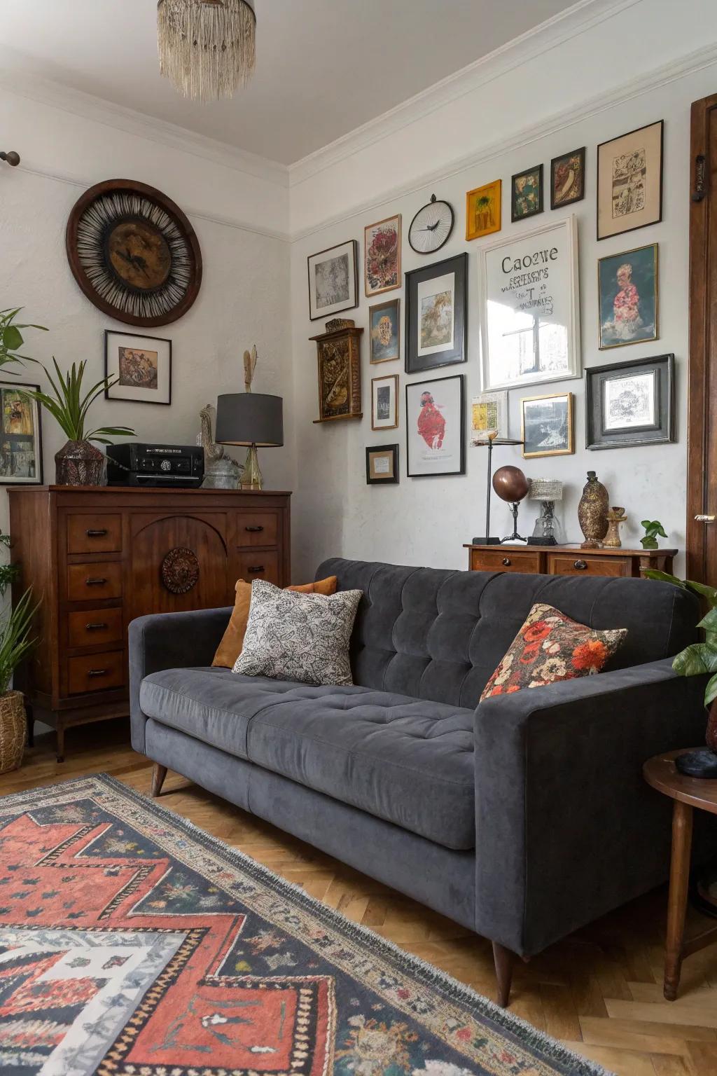 Eclecticism imparts distinct allure and creativity to a grey loveseat arrangement.