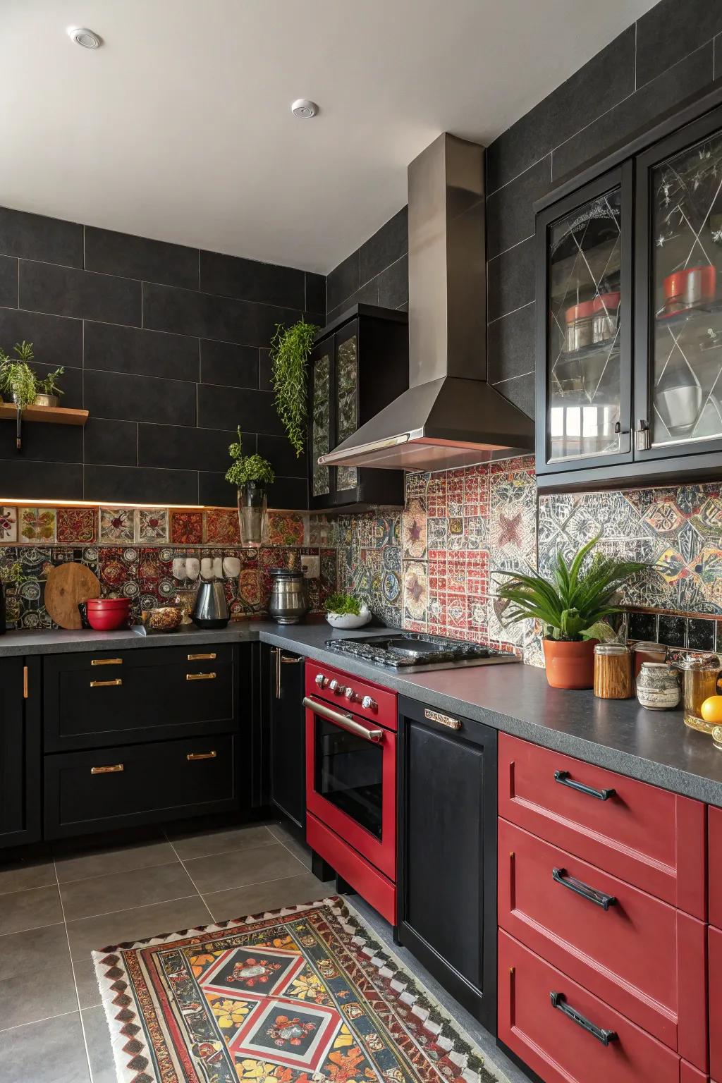 A delightful kitchen design showcasing a deep backsplash contrasted with daringly colored components.