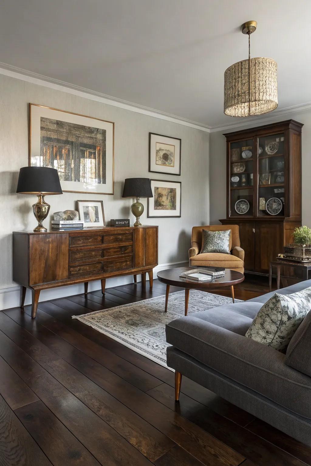 This eclectic mix of styles features dark wood floors as the foundation.