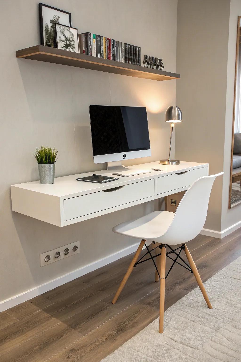 A suspended desk creates an airy and uncluttered workspace.