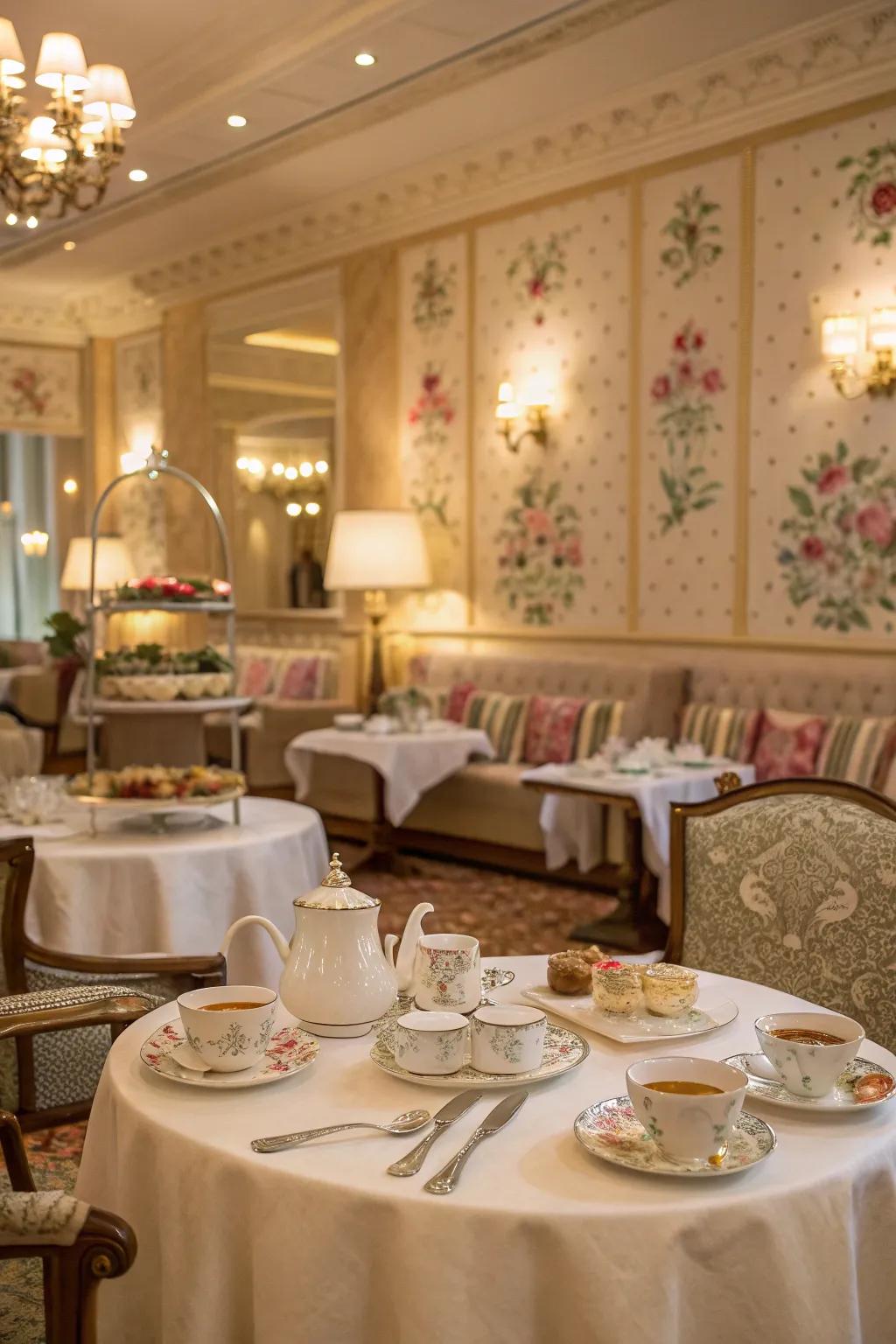 A tea room dining area adds elegance.