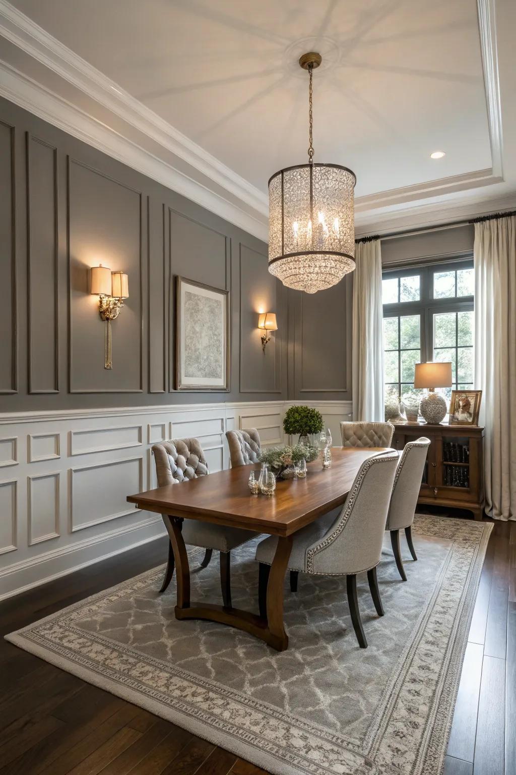 The seamless and spacious impression in the dining room comes from the monochrome wainscoting.