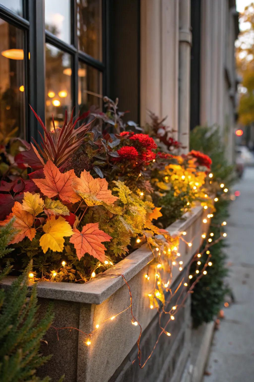 Fairy lights add a magical glow to fall displays.