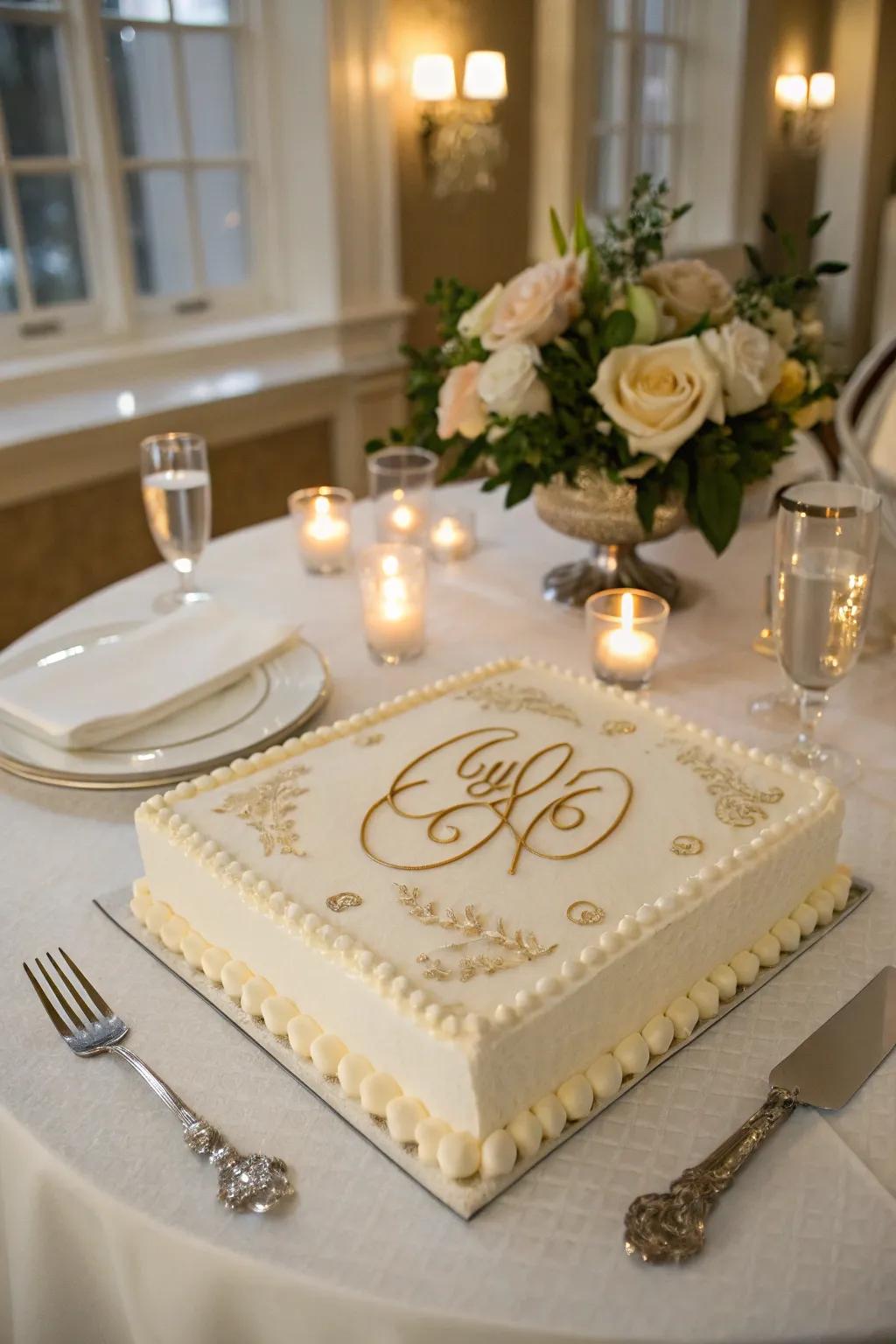 A monogrammed engagement sheet cake showcasing personalized initials.