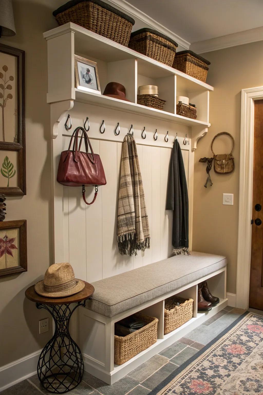 A multi-functional area maximizes aesthetic appeal and utility in the entryway.
