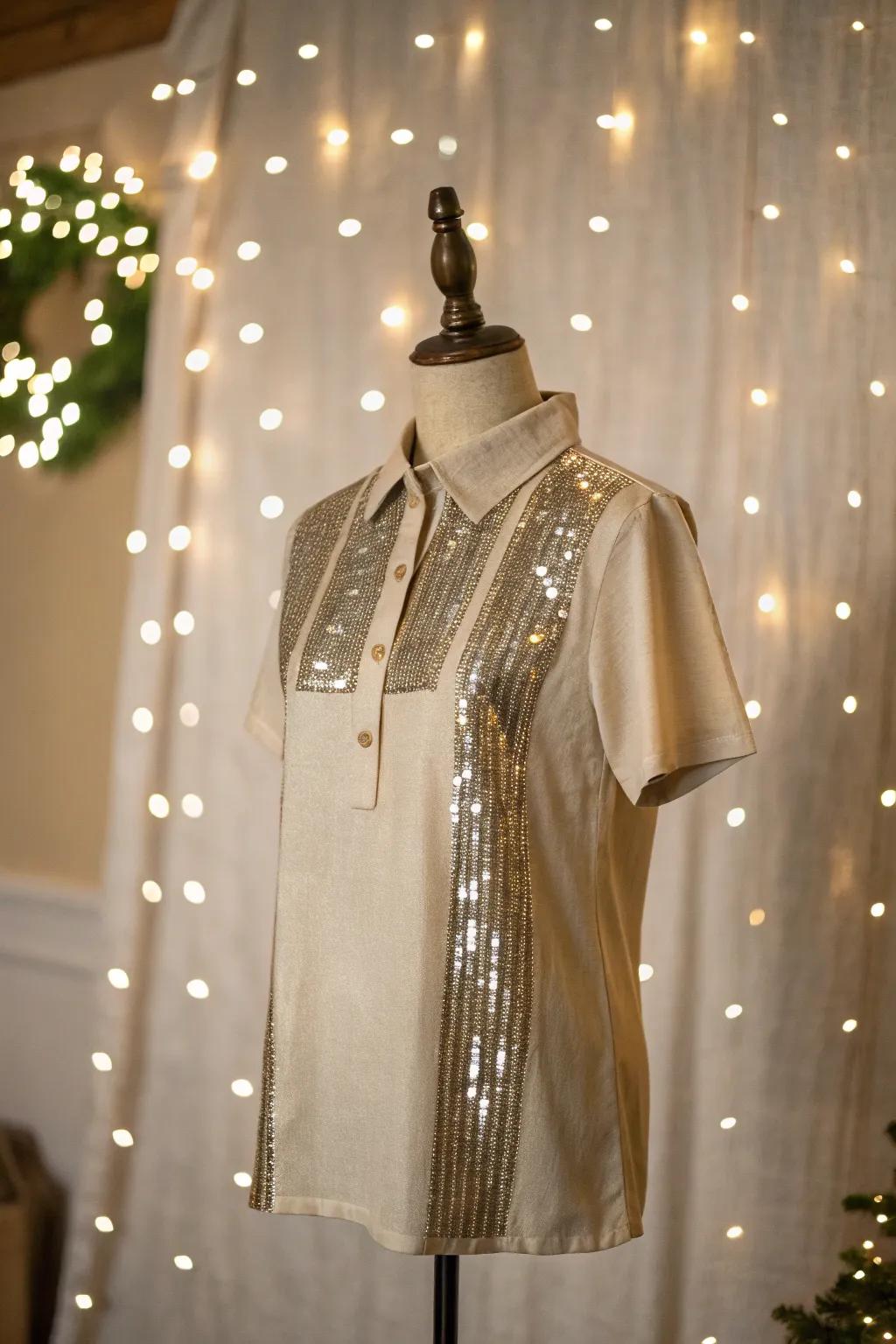 Metallic accents inject unexpected glamour into fall shirts.