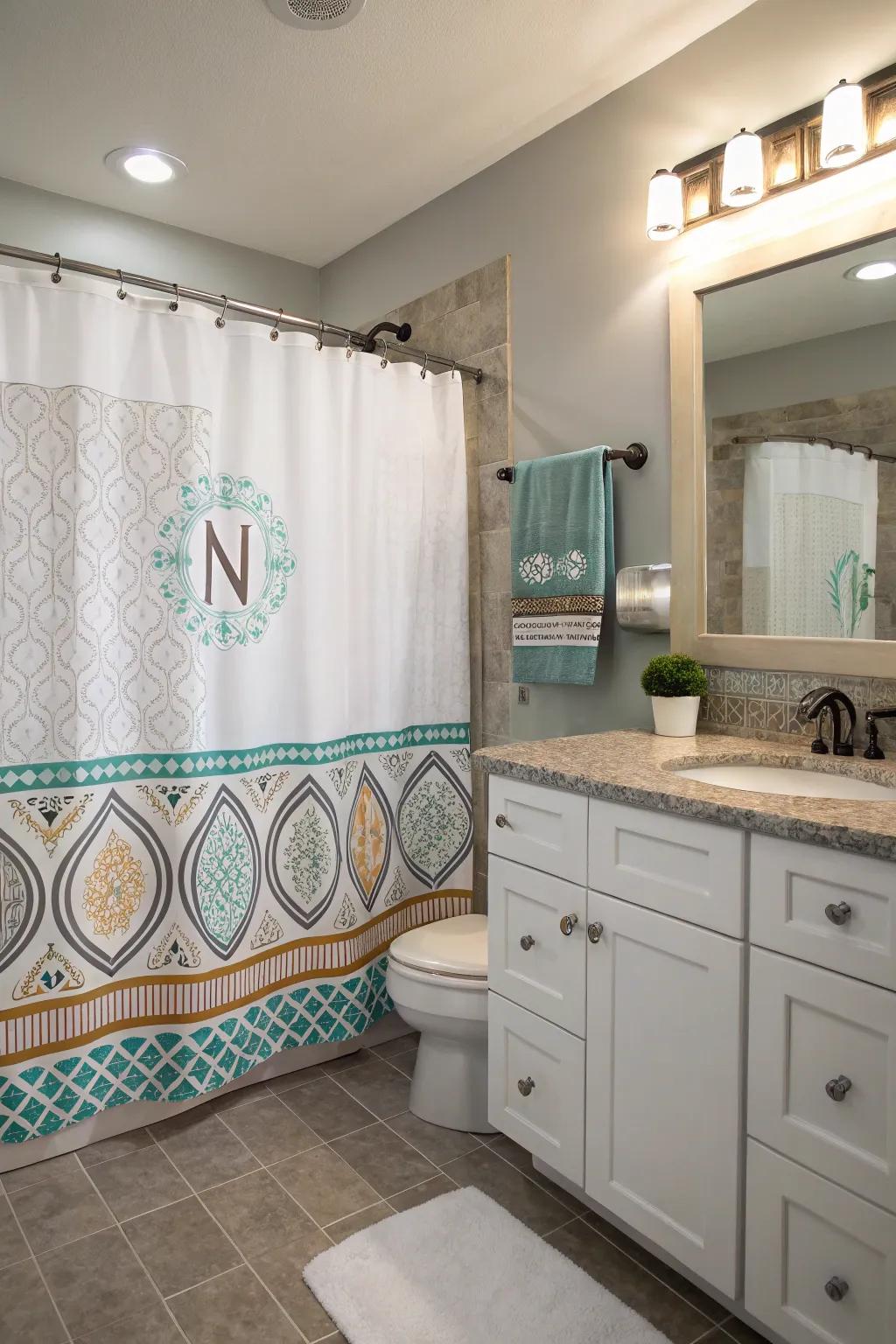 A personalized bathroom featuring a custom shower drape with initials.