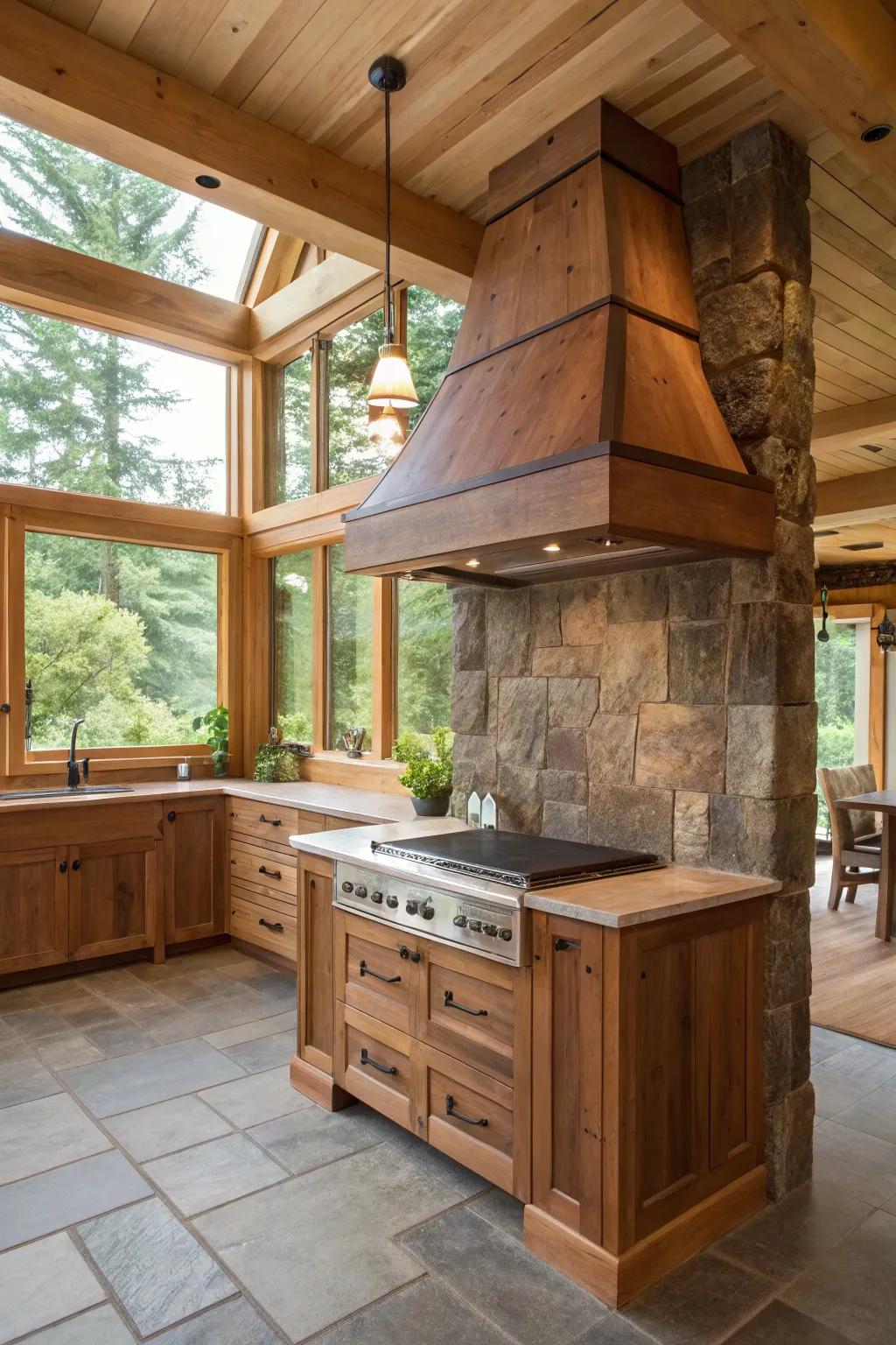 An eco-friendly range hood crafted from responsibly sourced wood.
