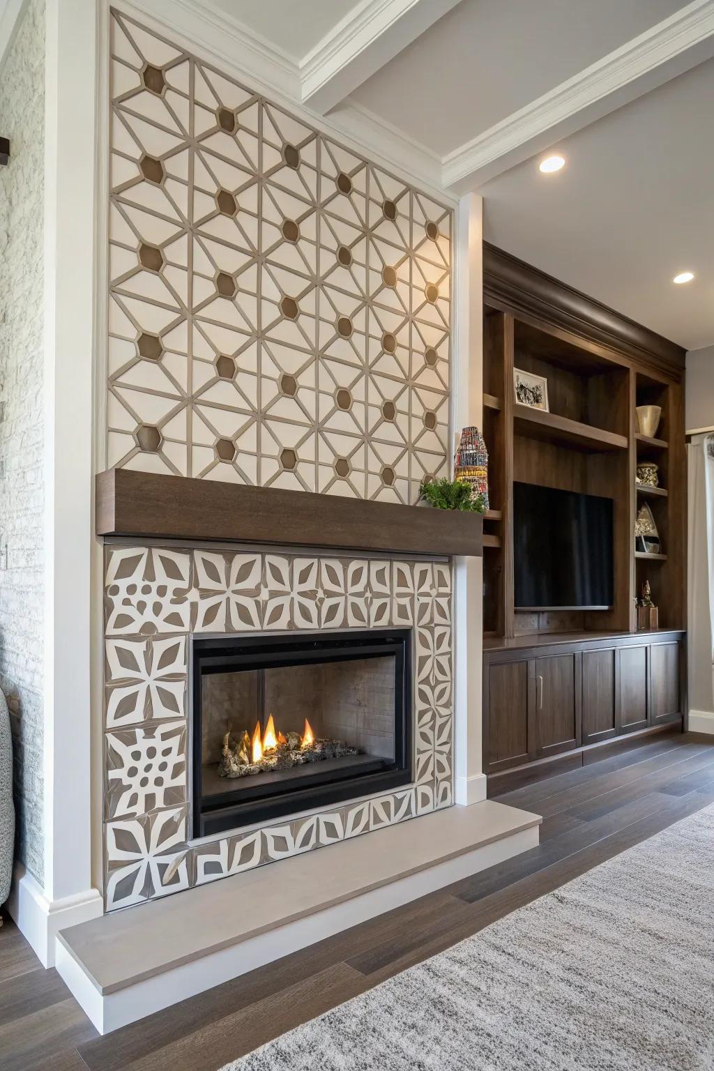 Geometric designs add a modern twist to this fireplace.