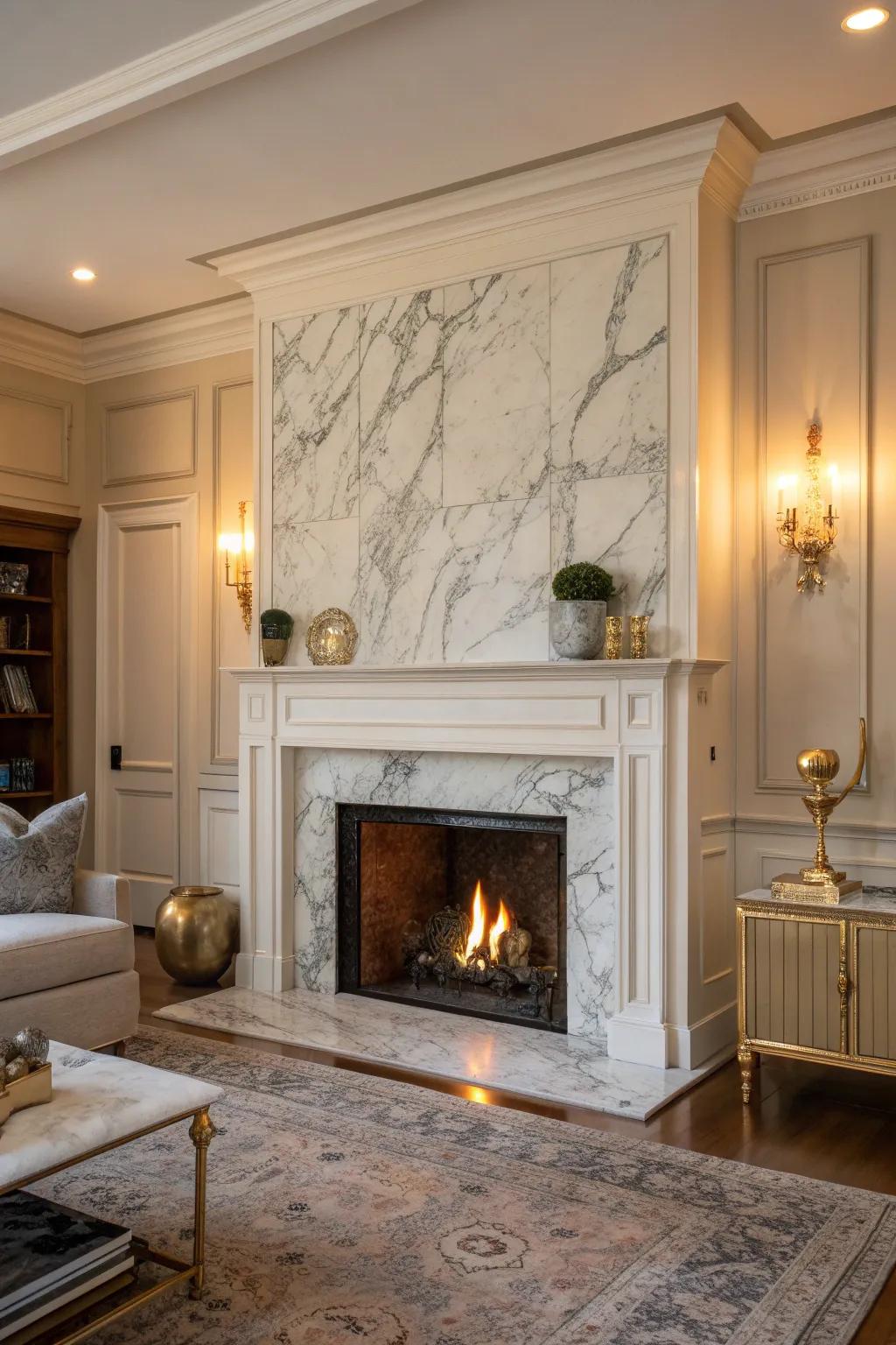 Embrace enduring grace using a marble fireplace wall that speaks of lavishness. #TimelessDesign #MarbleMagic ✨