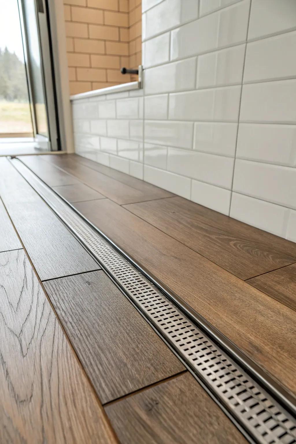 Metal strip transition for a sleek, modern look.