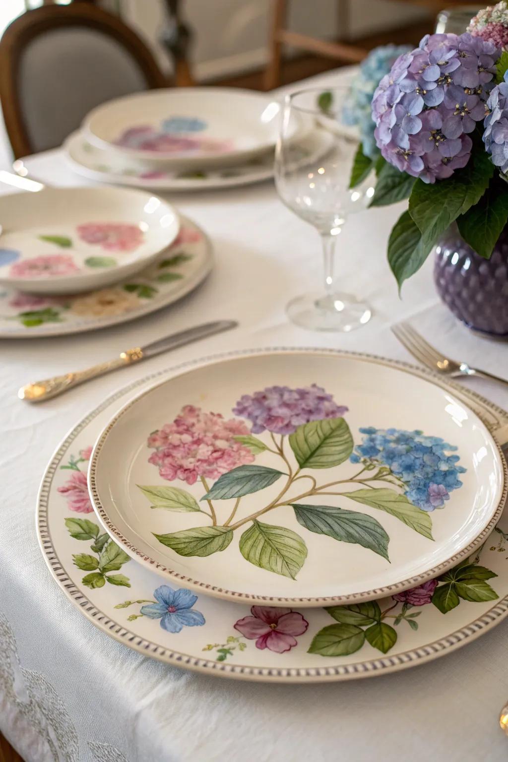 Chic snowball blooms contribute a sophisticated and elegant aspect to your tableware.