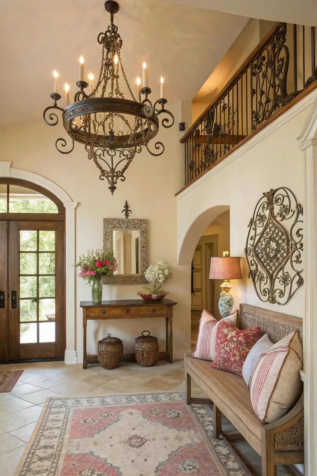 A wrought iron chandelier adds whimsical charm to this comfortable entryway.