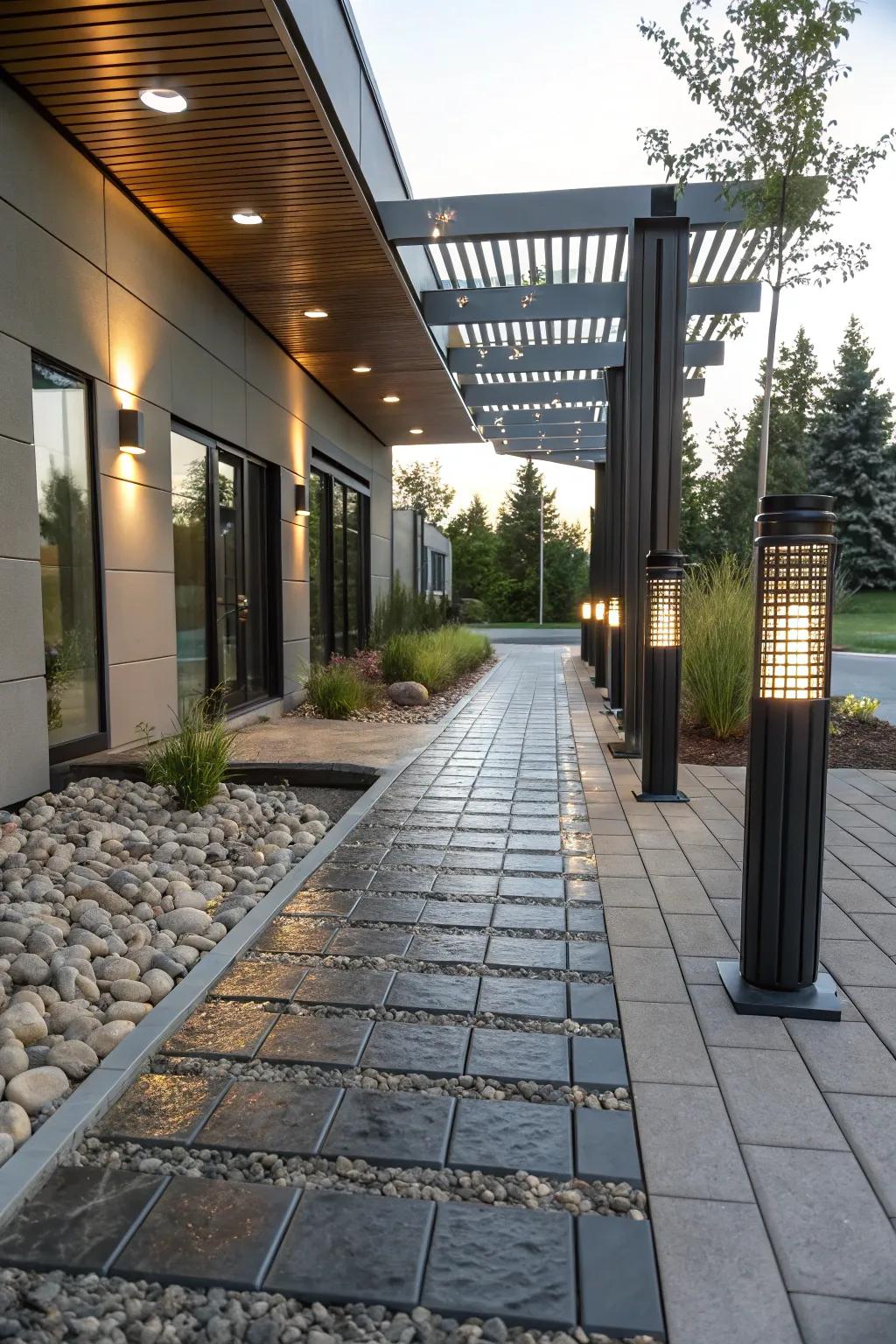 Steel blocks provide a modern and industrial edge to your walkway.