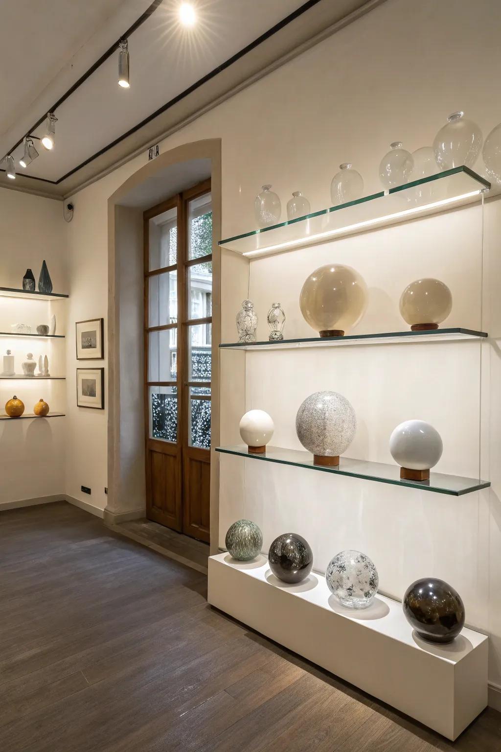 With shelf displays, draw attention to the beauty of glass.