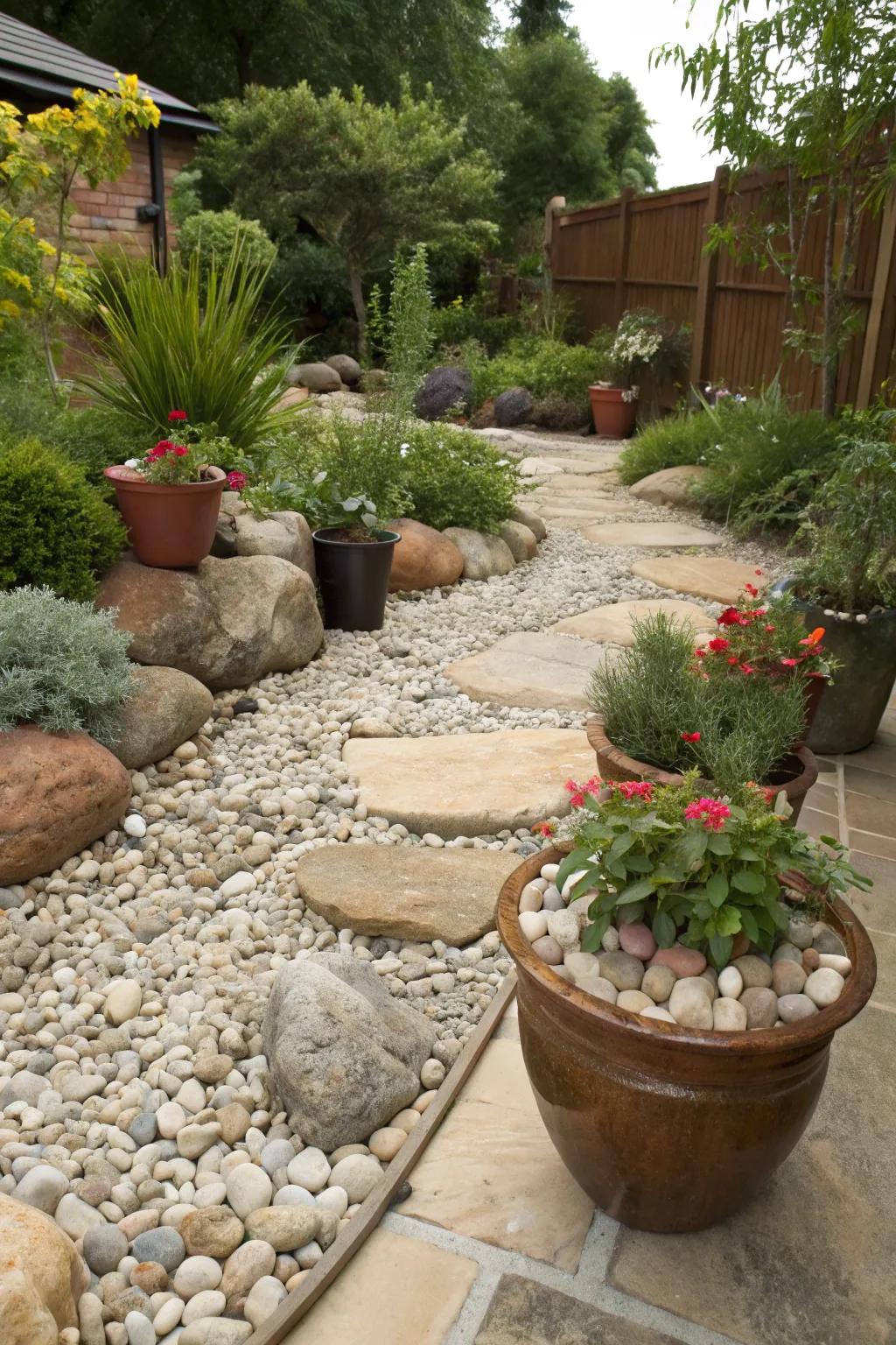 Native stone segments enhance the organic splendor of the garden.