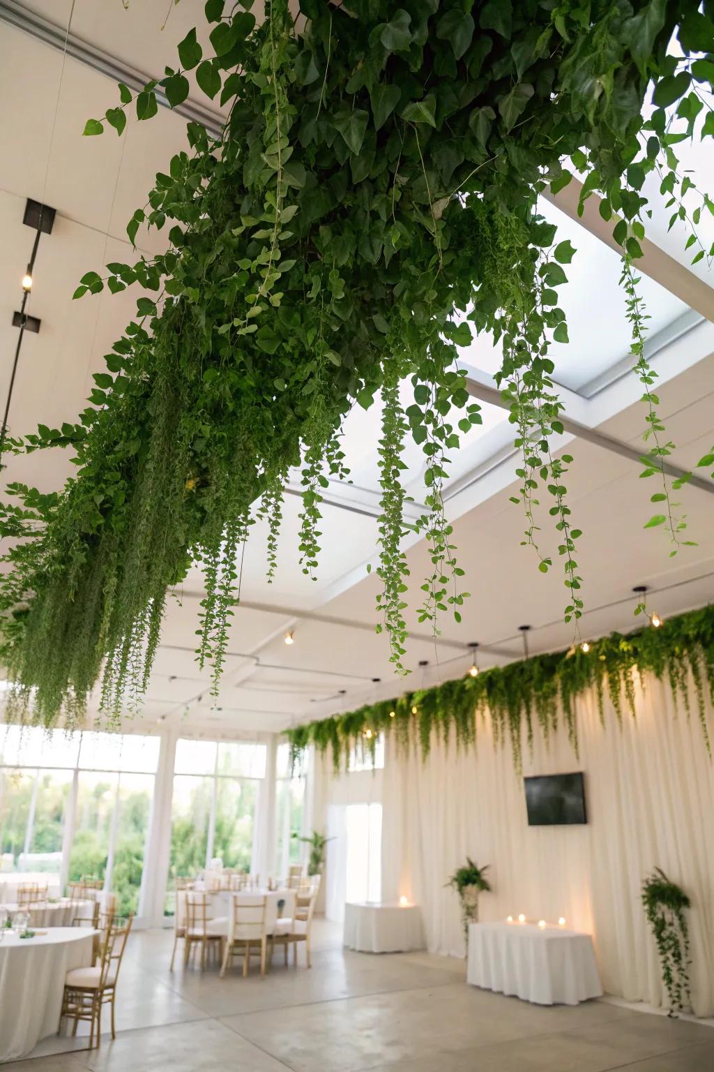 A foliage ceiling installation delivers a unique and stunning decor twist.