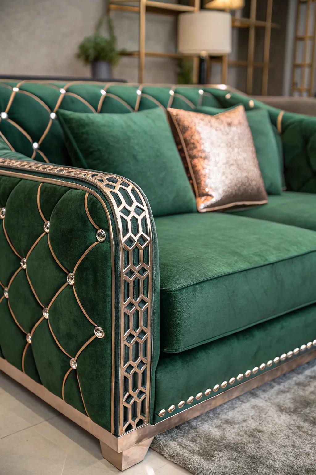 A glamorous family room with a verdant plush settee and metallic highlights.