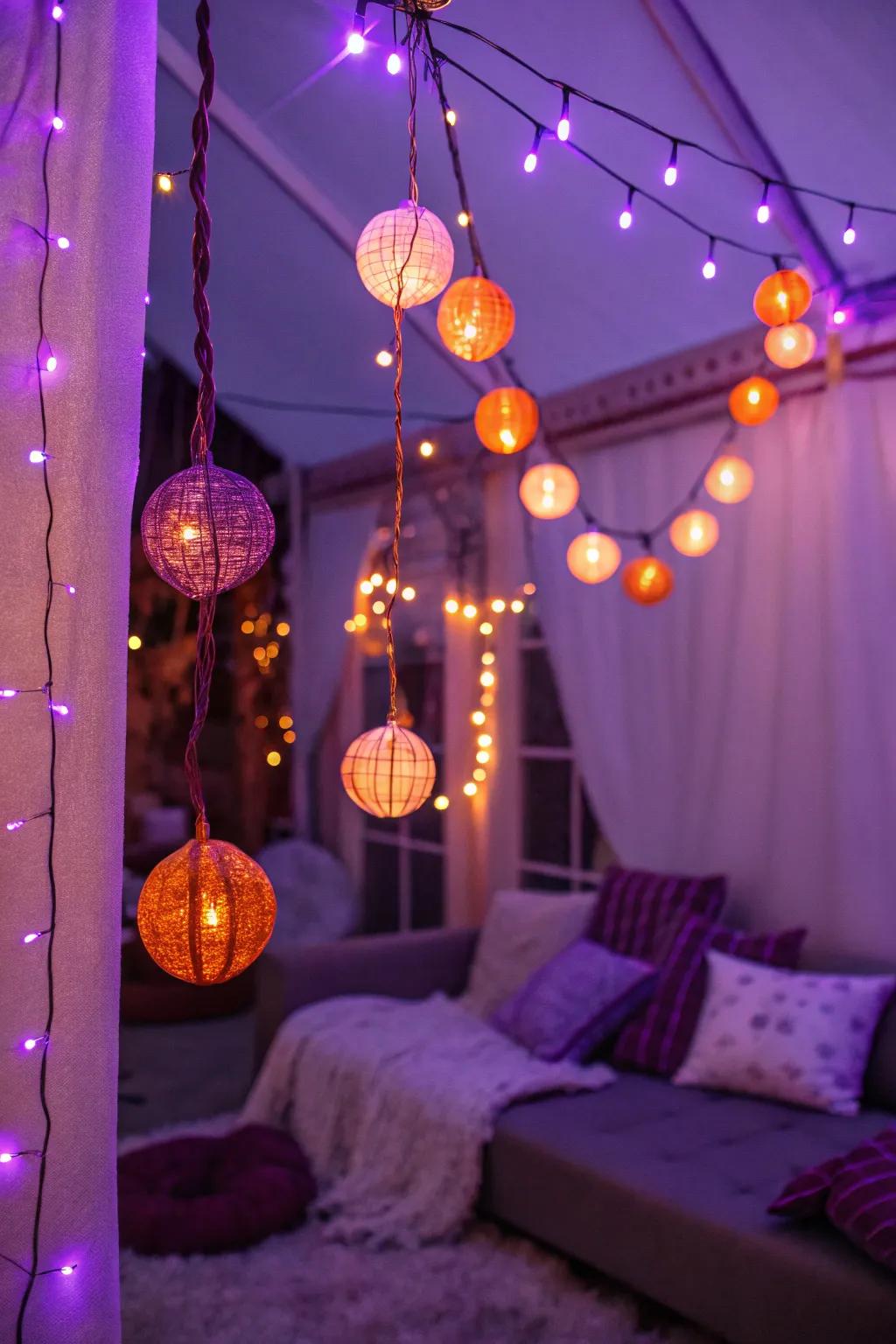 Amethyst and tangerine filament lights emit a magical, merry emission