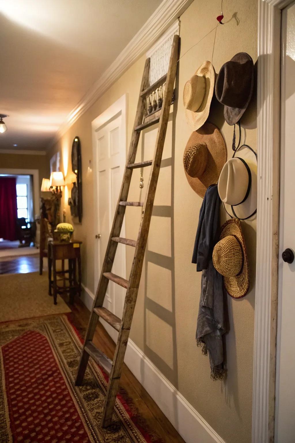 A vintage ladder brings rustic charm to your hat exhibit.