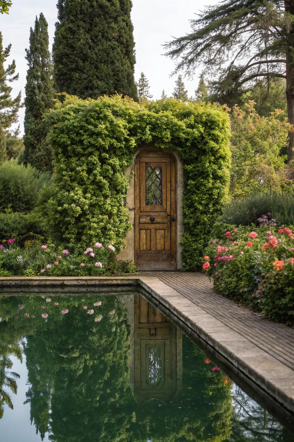 A reflective pond fashions a mesmerizing concealed entry illusion.