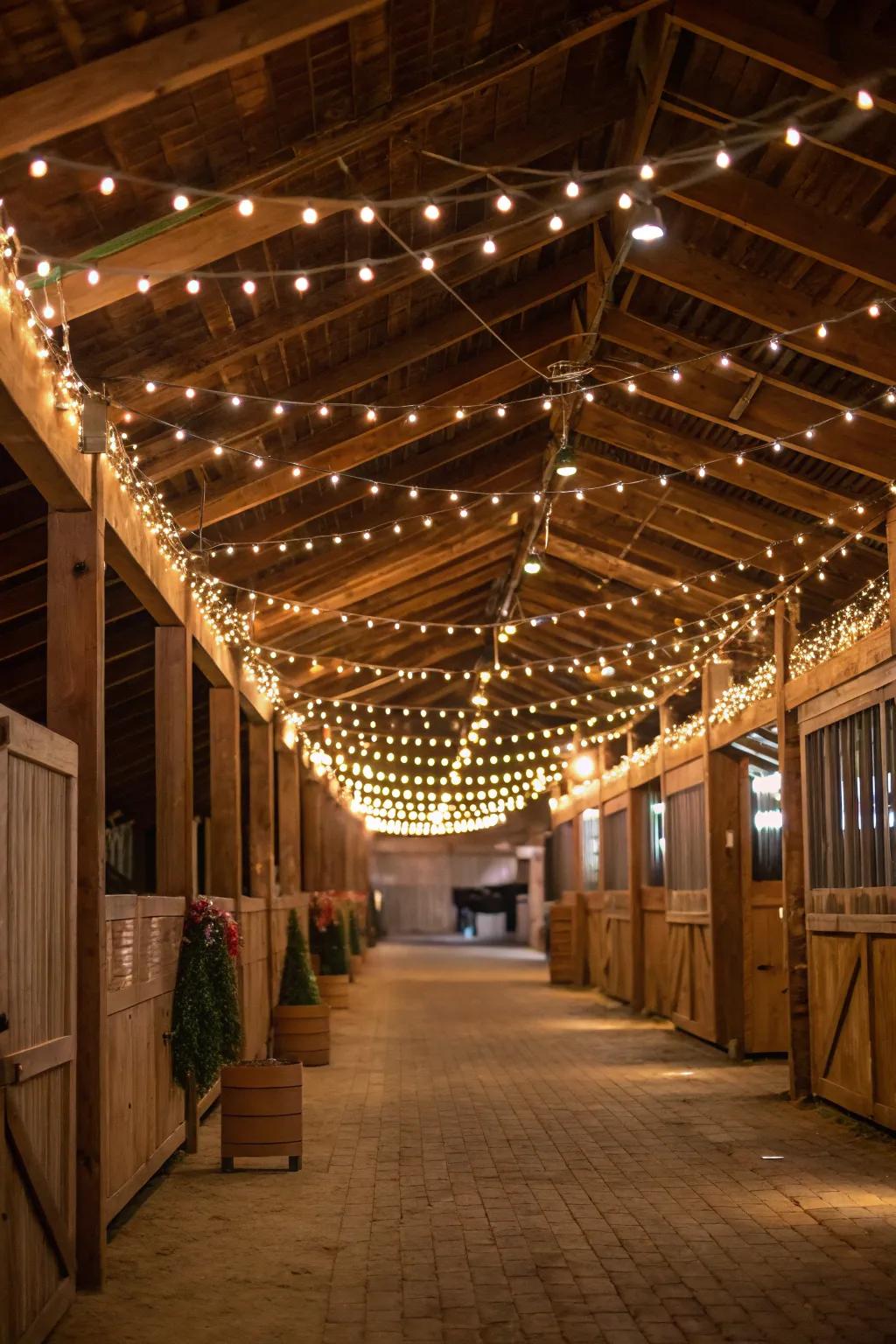 Twinkle lights craft a magical and enchanting atmosphere in the stable.