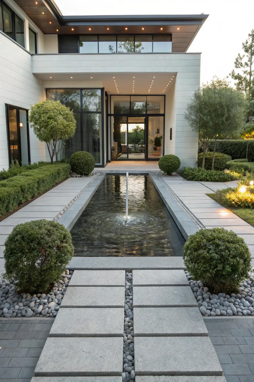 A reflective water element adding refinement and tranquility to your entrance.