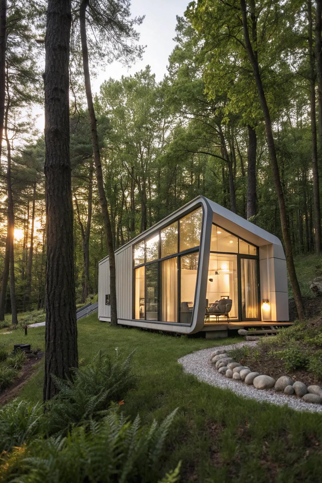 A futuristic, digitally fabricated nature shack nestled in the woods.