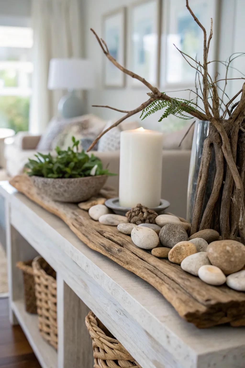 Organic elements deliver an earthy, grounding sensation to the design.
