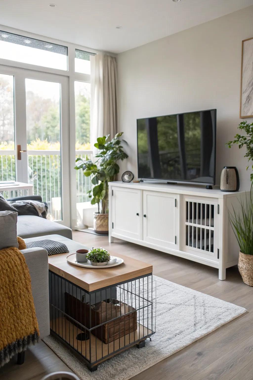 Entertainment and pet comfort combined in a hidden TV unit kennel.