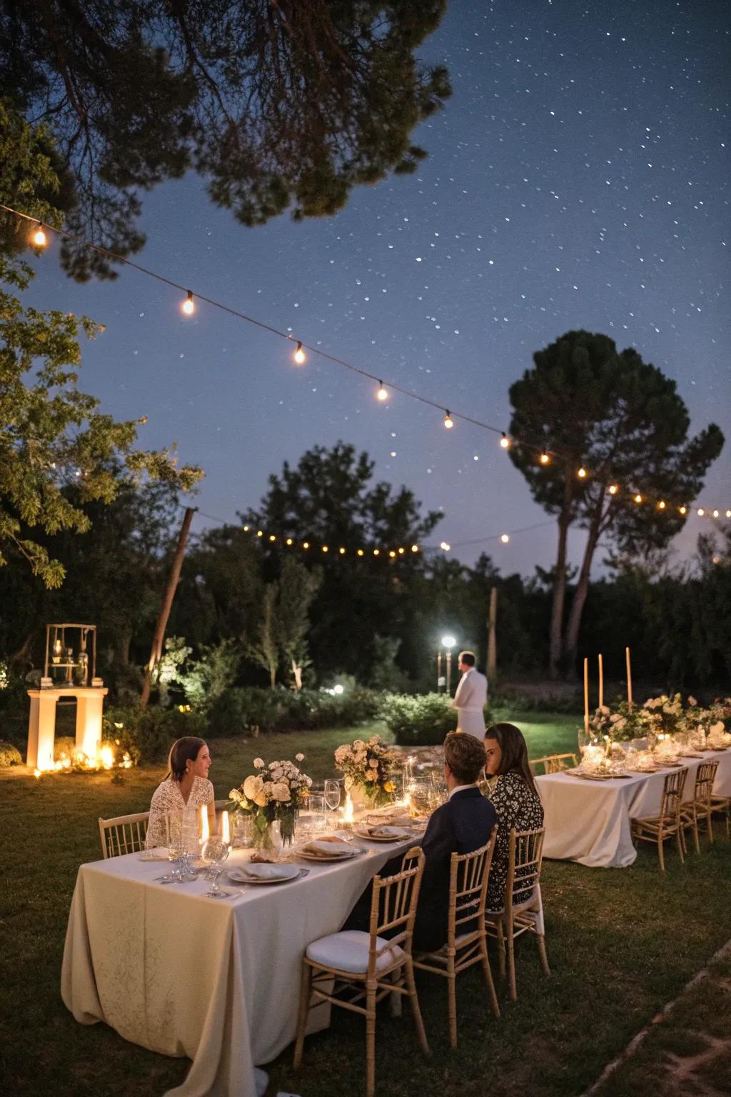 A candlelit dinner beneath the stars offers a romantic dining experience.